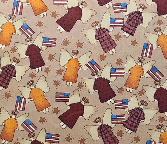 Button Button Designs by Cheri for SSI - Light Brown Fabric / Medium Brown Stars / Red, Orange Country-Style Angel and Flag Print