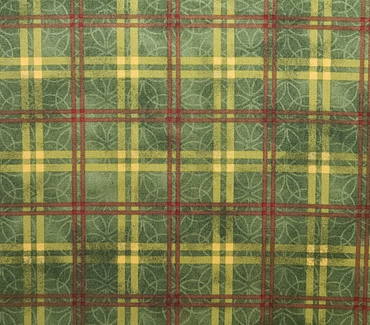 1916 He Loves Me by Jackie Robinson & Maywood Studio - Dark Green Tonal Fabric with Lighter Green Circle Pattern / Gold, Red Plaid