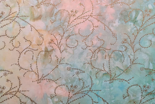 BATIK - Pastel Blue, Green, Yellow, Pink, Orange Tonal Fabric / Copper Foil Vine Tjap (Print Only on One Side)