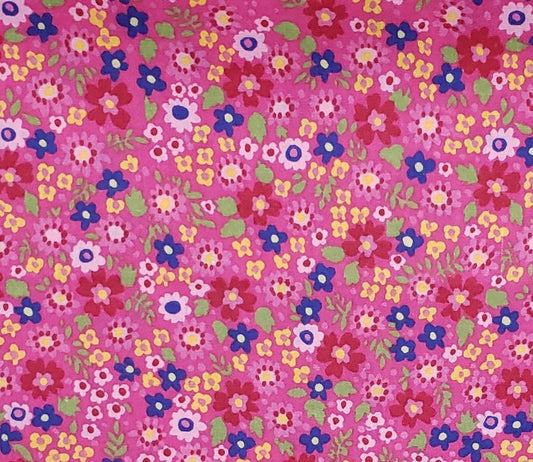 Bright Pink Fabric / Red, Blue, Yellow and Pink Flower Print / Bright Green Leaves - Selvage to Selvage Print