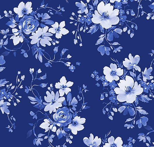 America The Beautiful by Heatherlee Chan for Clothworks - Bouquets - Light Navy Fabric / Blue Flowers / White Flowers