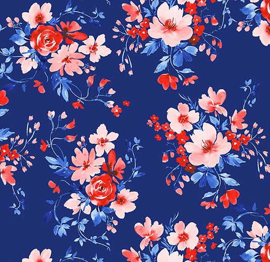 America The Beautiful by Heatherlee Chan for Clothworks - Bouquets Multi - Light Navy Fabric / Multi-Color Flower Print