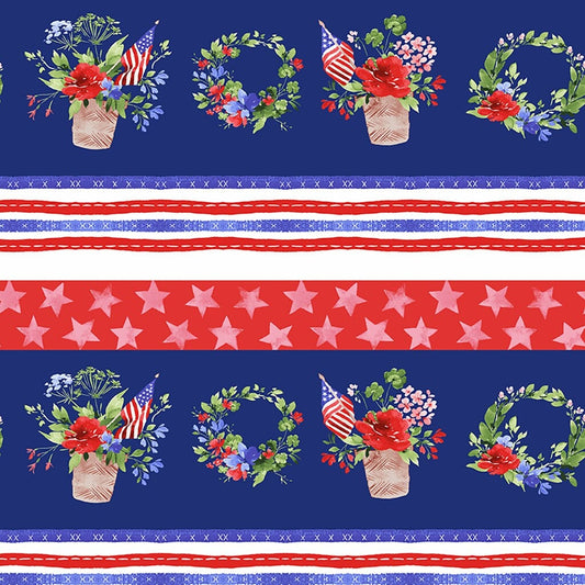 America The Beautiful by Heatherlee Chan for Clothworks - Pictorial Stripe - Light Navy