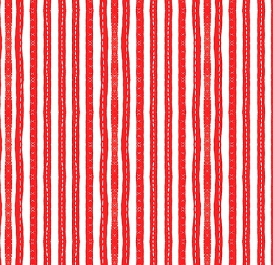 America The Beautiful by Heatherlee Chan for Clothworks - Stitched Stripes - Red - White Fabric / Red 'Stitched' Stripe