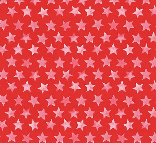 America The Beautiful by Heatherlee Chan for Clothworks - Flag Stars - Red - Red Fabric / White 'Dry-Brush' Star Print (Approx 3/4")