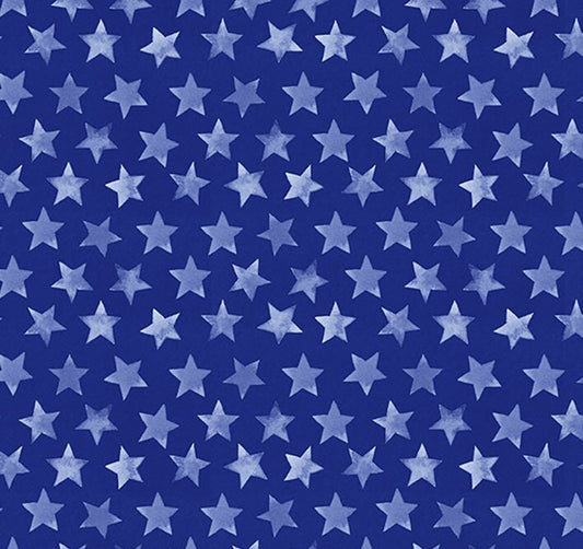 America The Beautiful by Heatherlee Chan for Clothworks Flag Stars - Blue - Light Navy Fabric / White 'Dry-brush' Star Print (Approx 3/4")