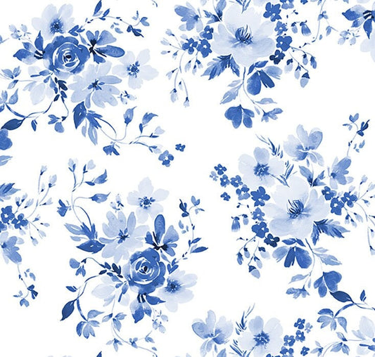 America The Beautiful by Heatherlee Chan for Clothworks - Bouquets - White - White Fabric / Light Navy Floral Print