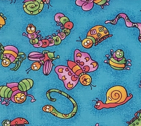 Beth Ann Bruske for David Textiles - Bright Blue Fabric / Vibrant Cartoon-Style Insects