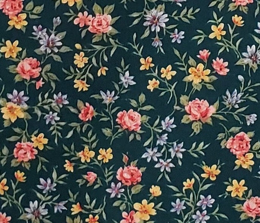 1997 Classic Creations - Dark Green Fabric / Rose, Yellow and Blue Flower Print