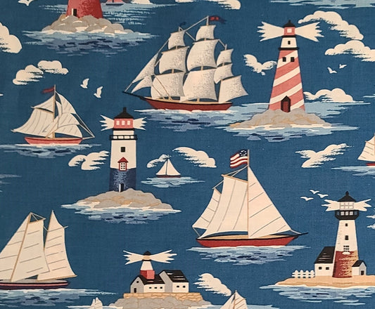 1996 Classic Cottons / FCI - Teal Fabric / White, Red and Tan Lighthouse and Sailboat Print