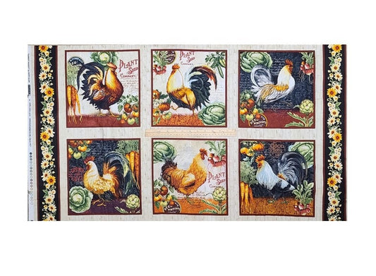 PANEL - Farmer's Market by Geoff Allen Studio E Fabrics Patt# 4451 - 24" x 44" - Includes One Each of Six Rooster and Garden Blocks