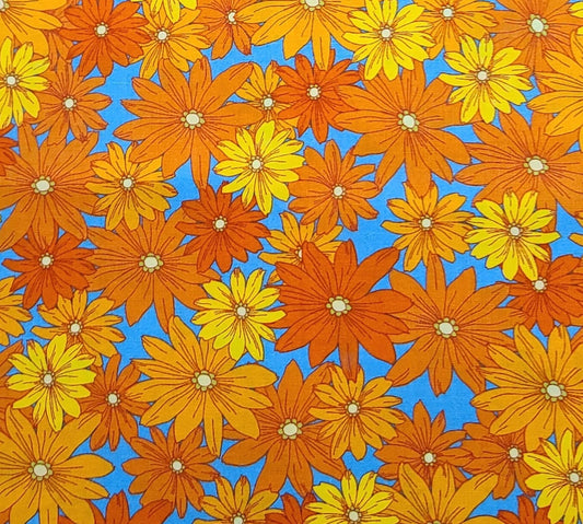 Bright Blue Fabric / Orange and Yellow Daisy Print - Selvage to Selvage Print