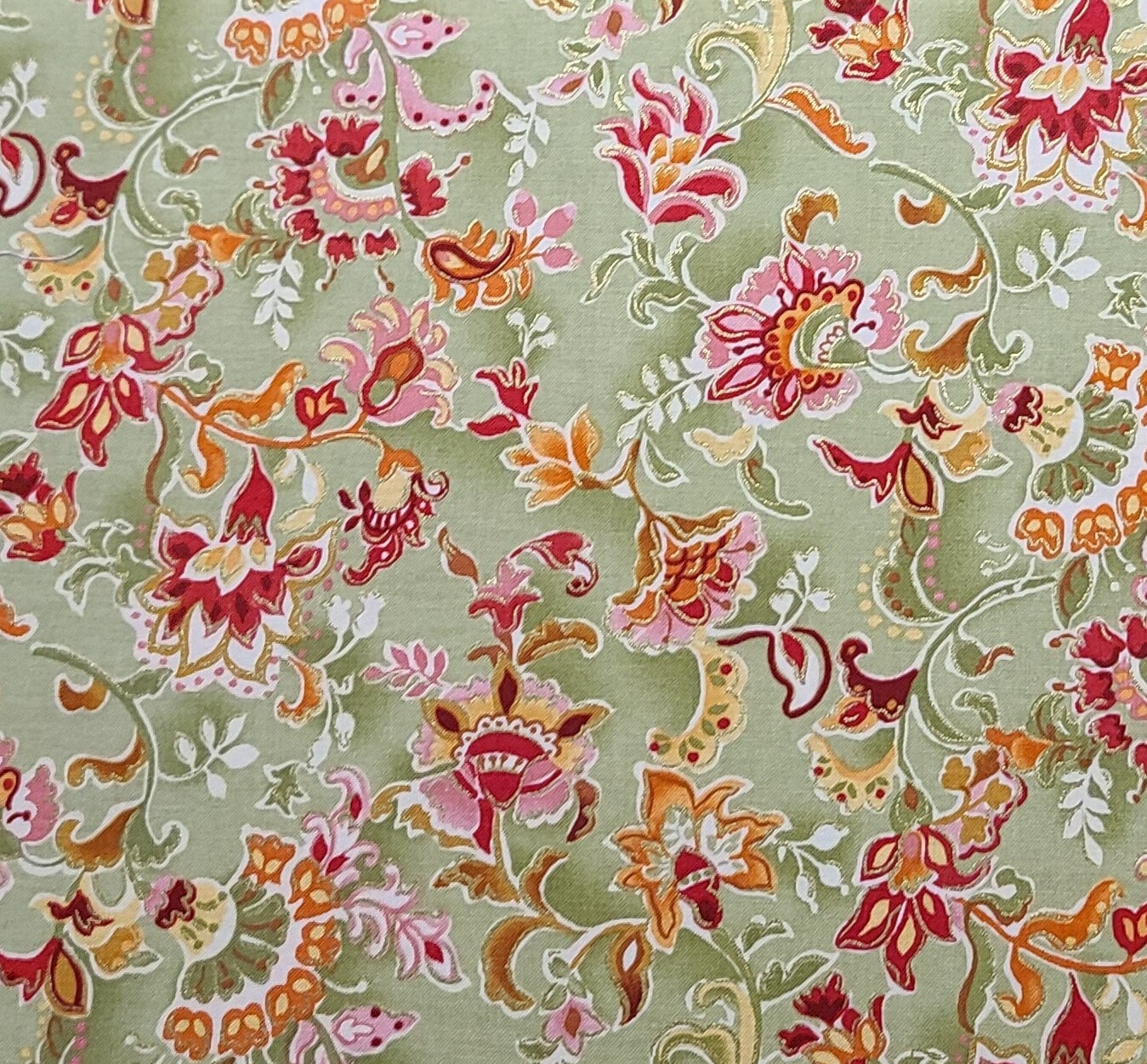 Light Green Tonal Fabric / Red, Pink, White, Gold Flower and