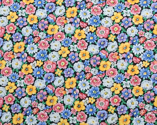 1997 Classic Cottons - Black Fabric / Pink, Blue, White, Yellow Flower Print