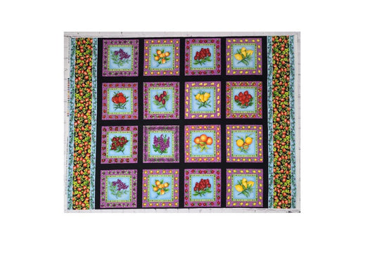 PANEL - Renee Charisse Jardine for Blank Textiles Inc Patt #BTR-3979 - Fruit Block Print Fabric/Strawberry Border/Black Sashing - 32" x 45"