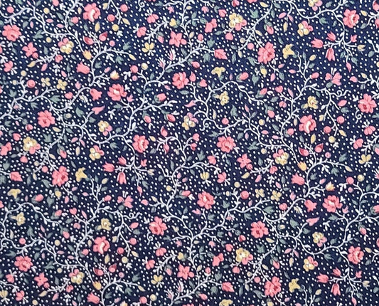 1994 Concord Fabrics - Dark Blue Fabric / White Vine and Micro Dot Print / Rose, Green, Gold Flower Print.