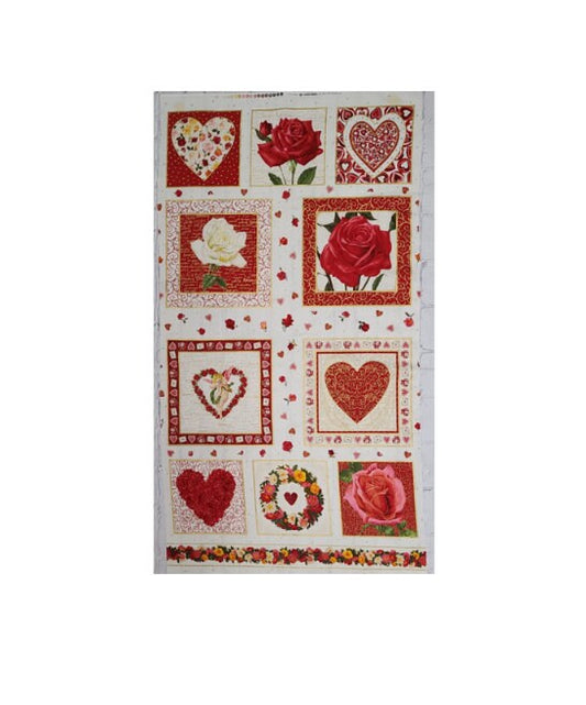 PANEL - 830 Endless Love Panel Makower UK - White Fabric / Red and Pink Rose and Heart Blocks / Gold Metallic Accents - 24" x 45"