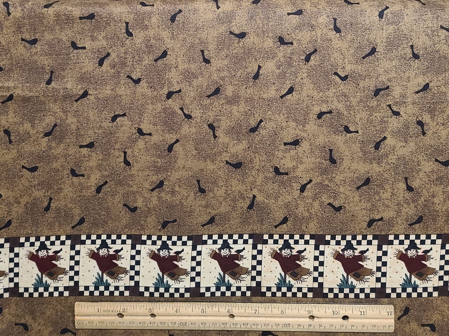 EOB - Mumms the Word by Debbie Mumm for SSI - Black Birds on Brown Tonal Fabric / Scarecrow Block Single Border (~ 2-1/4" wide)