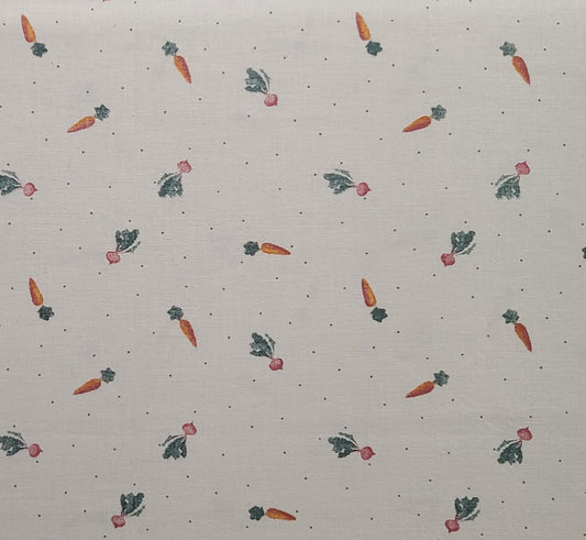 7154 Tossed Veggies Daisy Kingdom 1994 - Cream Fabric / Tossed Carrots and Radishes / Slate Blue Pindot