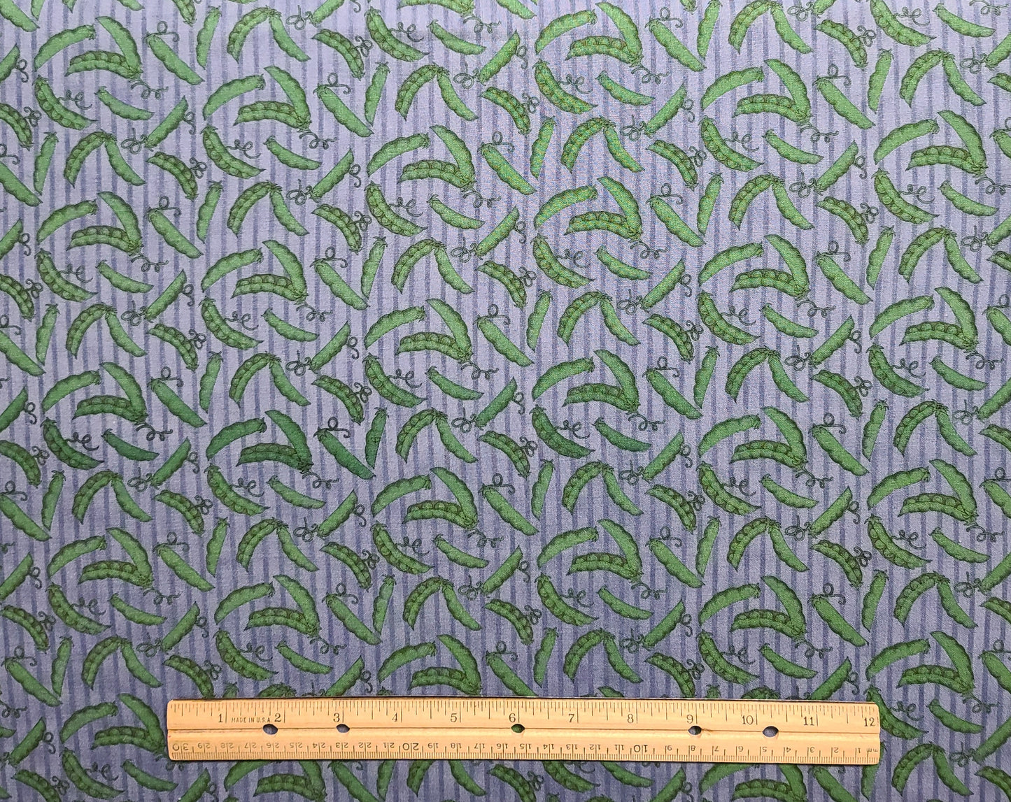 EOB - Mumms the Word by Debbie Mumm for SSI - Blue Tonal Vertical Stripe (Parallel to Selvage) Fabric - Green Peas and Peapod Print