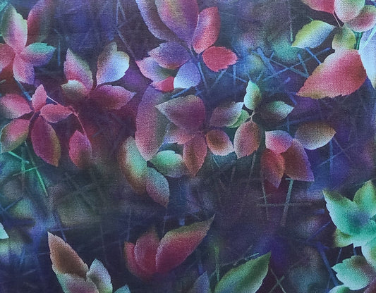 Impressions by Patricia B Campbell and Michelle L Jack for Benartex - Purple, Green, Pale Blue, Maroon Leaf Print Fabric