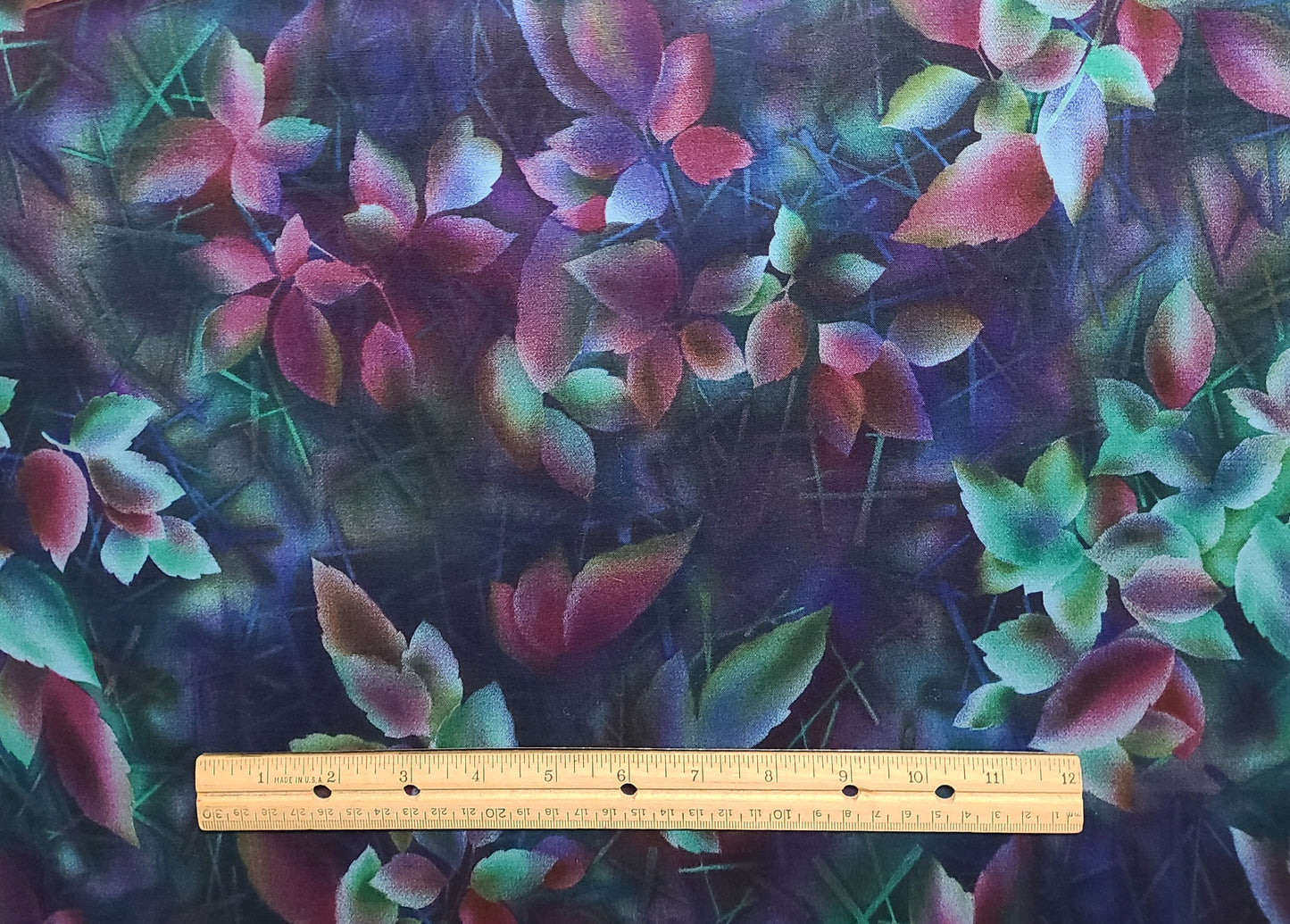 Impressions by Patricia B Campbell and Michelle L Jack for Benartex - Purple, Green, Pale Blue, Maroon Leaf Print Fabric