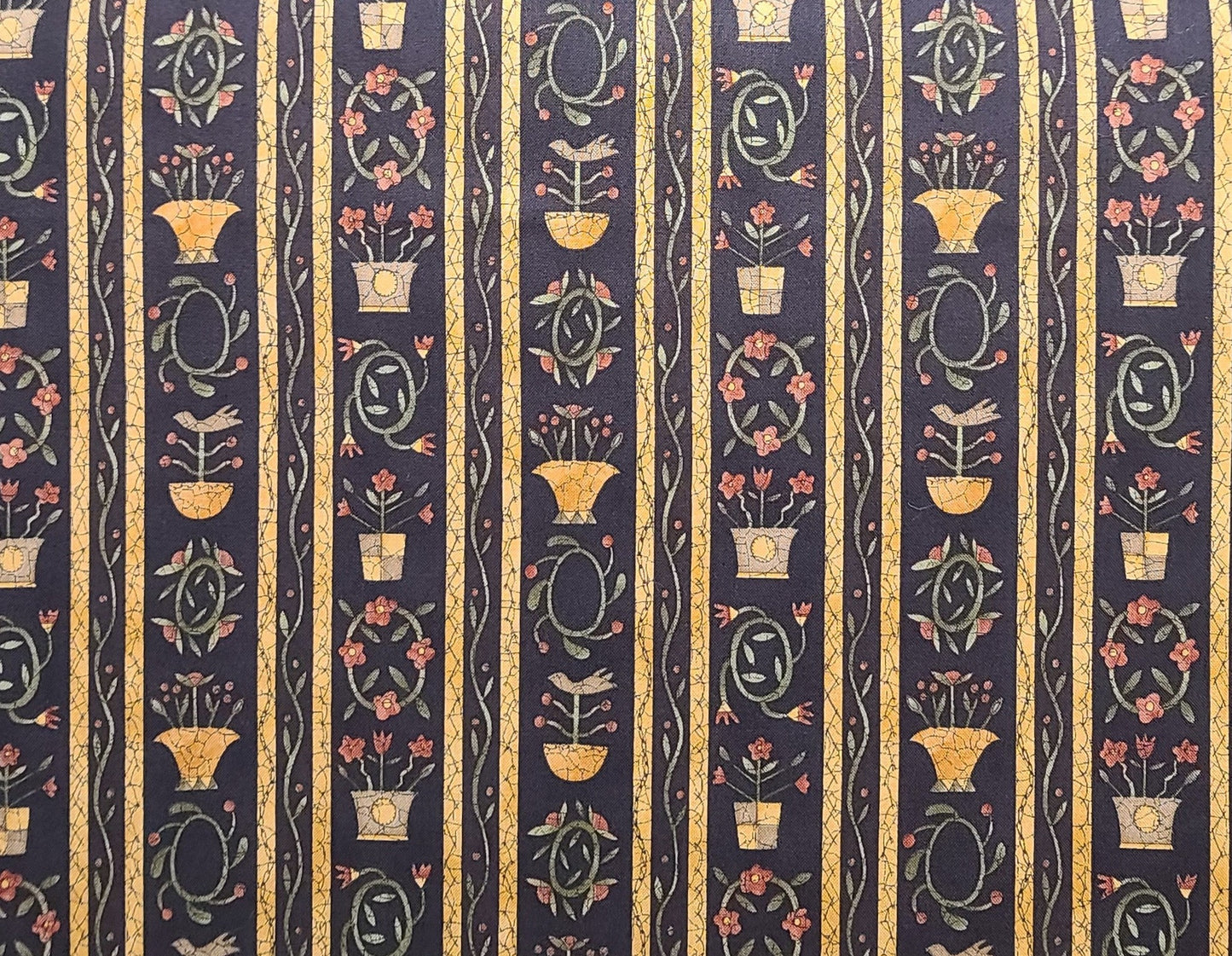 Lancaster County by Diana - Dark Brown, Gold "Crackle", Dark Olive, Rust Flower Print Vertical Stripe (Parallel to Selvage) Fabric