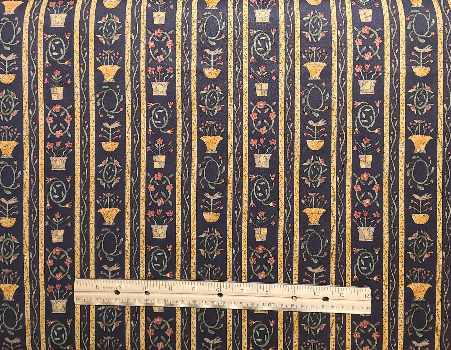 Lancaster County by Diana - Dark Brown, Gold "Crackle", Dark Olive, Rust Flower Print Vertical Stripe (Parallel to Selvage) Fabric