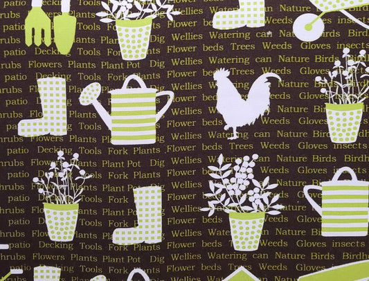 EOB - Michael Miller Fabrics PATT#CO 2903 Garden Glory - 44/45 wide Denim - Dark Brown Fabric / Bright Lime Green, White Garden Print and Script