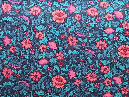 Camelot by Hoffman Fabrics - Dark Blue Fabric / Bright Pink, Teal, Magenta Floral Print