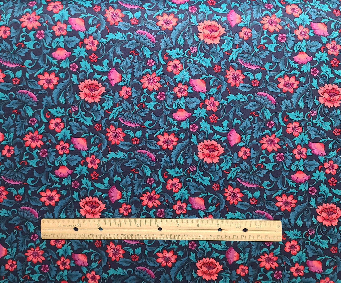 Camelot by Hoffman Fabrics - Dark Blue Fabric / Bright Pink, Teal, Magenta Floral Print