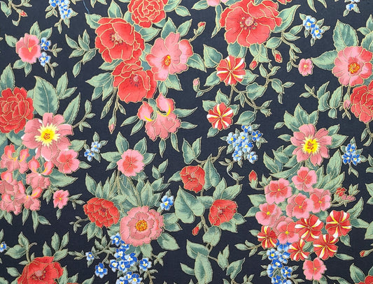 EOB - Countryside by Hoffman International Fabrics - Black Fabric / Red, Blue Flower Print / Gold Metallic Accents