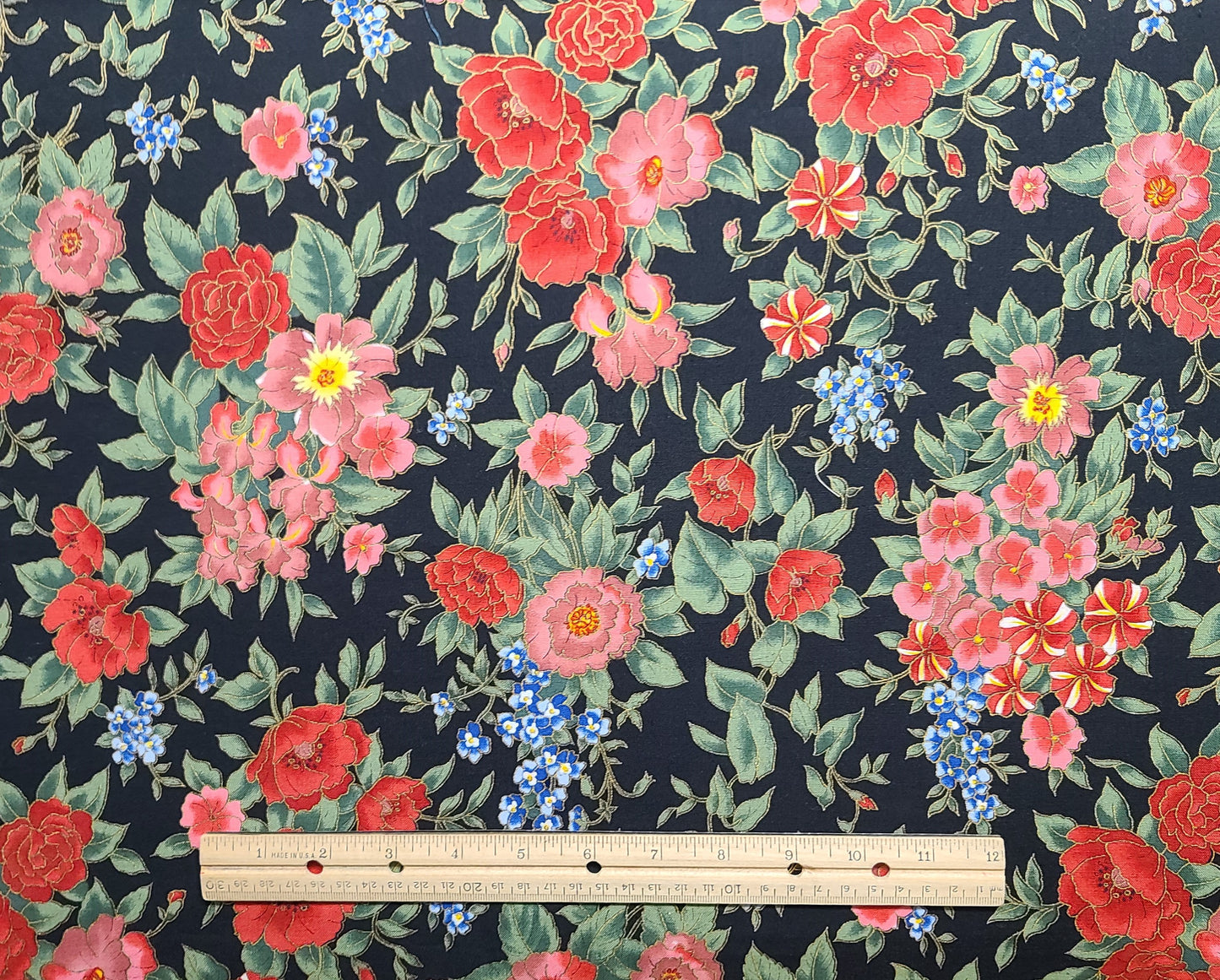 EOB - Countryside by Hoffman International Fabrics - Black Fabric / Red, Blue Flower Print / Gold Metallic Accents