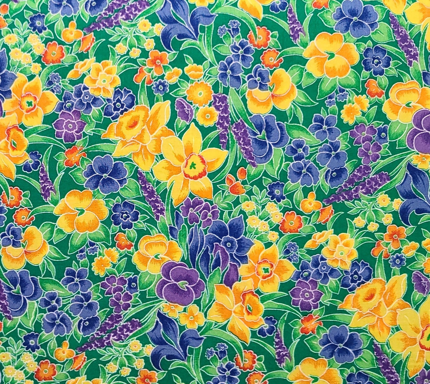 Windsor Collection by Hoffman International Fabrics - Green Fabric / Purple, Yellow, Orange Spring Flower Print