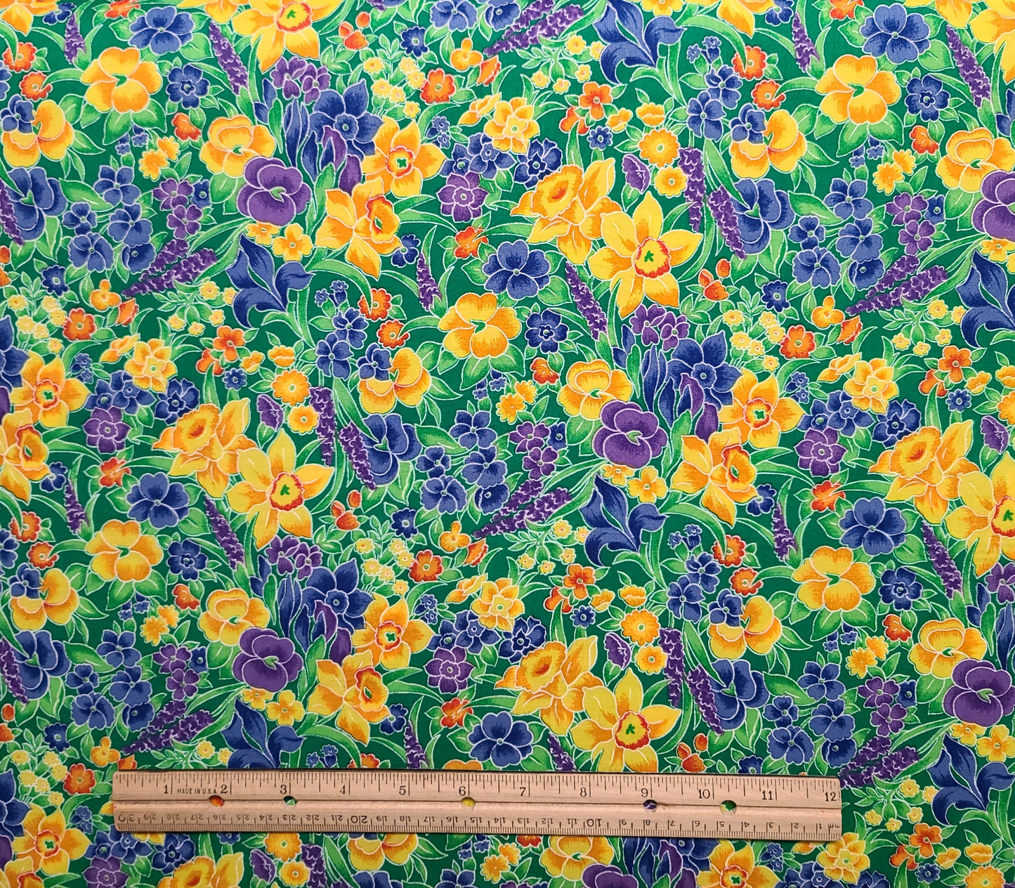 Windsor Collection by Hoffman International Fabrics - Green Fabric / Purple, Yellow, Orange Spring Flower Print