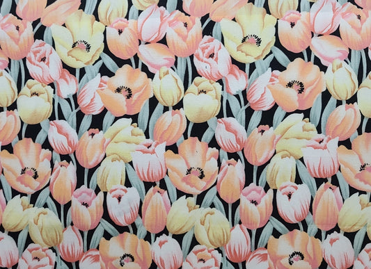 Hi-Fashion Fabrics Inc - Black Fabric / Pink, Yellow, Mint Tulip Print