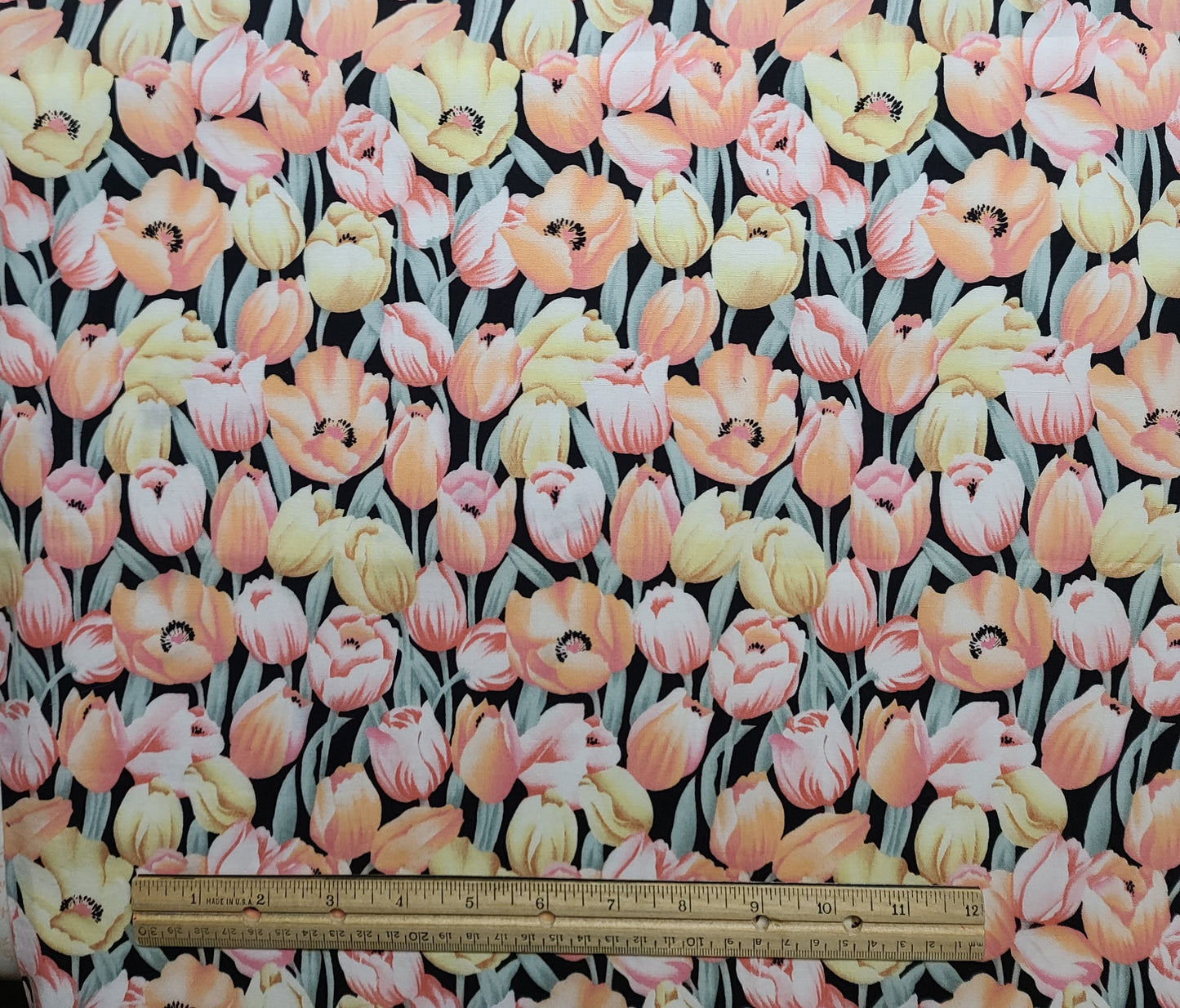 Hi-Fashion Fabrics Inc - Black Fabric / Pink, Yellow, Mint Tulip Print