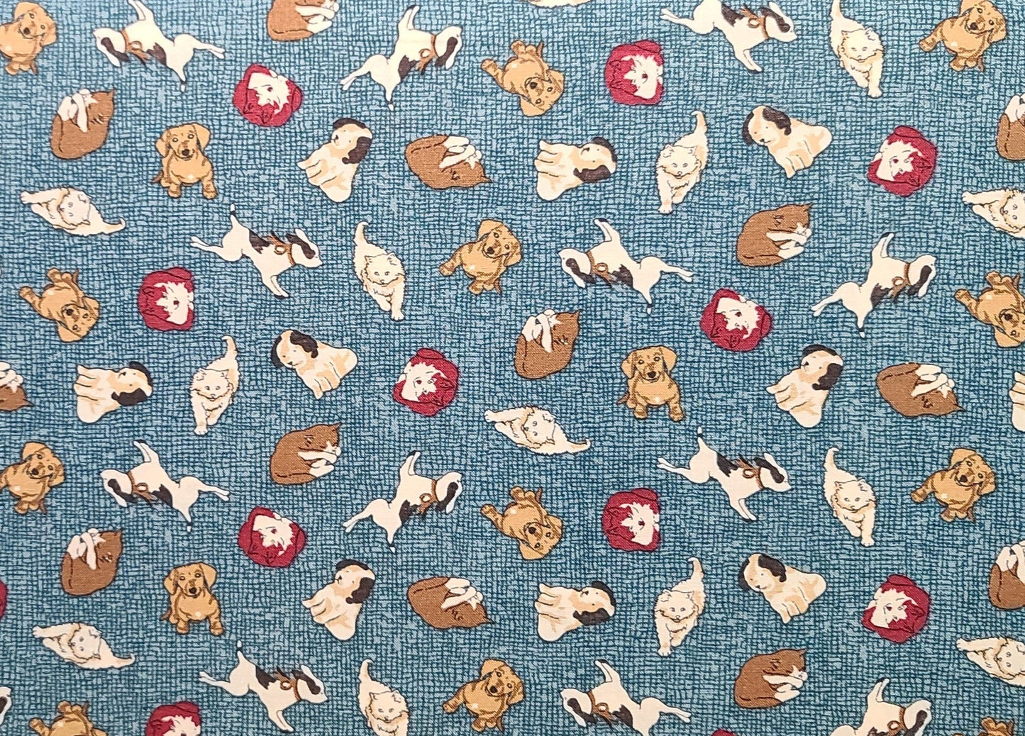 Kids Under Cover by Thimbleberries for RJR Fashion Fabrics - Blue Crosshatch Fabric / Red, Tan, Brown, White Tossed Dog Print