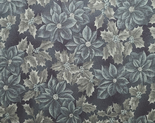 EOB - RJR Fashion Fabrics - Dark Green Tonal Holly and Poinsettia Print Fabric