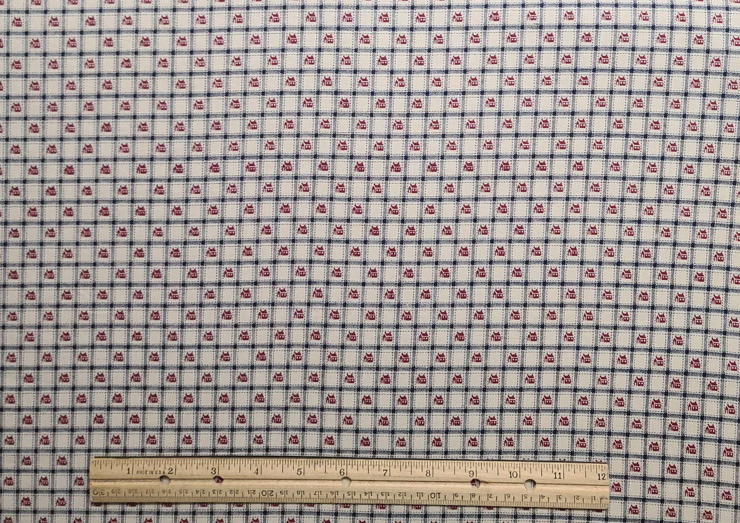 EOB - Marcus Brothers Textiles - Light Tan Fabric / Dark Blue Windowpane Plaid / Dark Red House Print