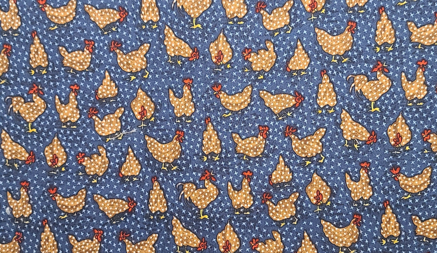 EOB - Picket Fence by Hoffman International Fabrics - Dark Blue Tonal Fabric / Brown Chicken Print