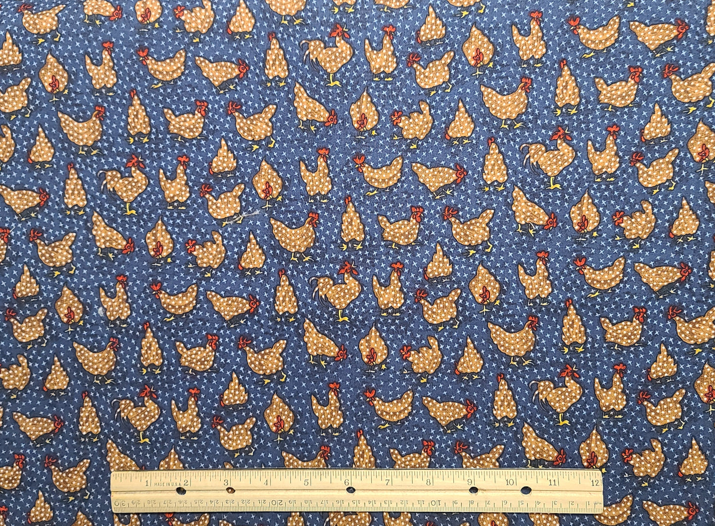 EOB - Picket Fence by Hoffman International Fabrics - Dark Blue Tonal Fabric / Brown Chicken Print