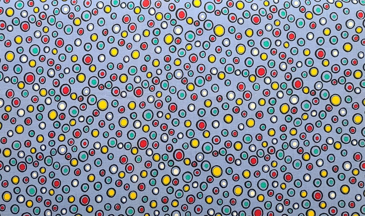 EOB - Prime Time by Pinnacle Fabrics Brewer Sewing Supplies - Medium Blue Fabric / Red, Green, Yellow Black Circle and Dot Print