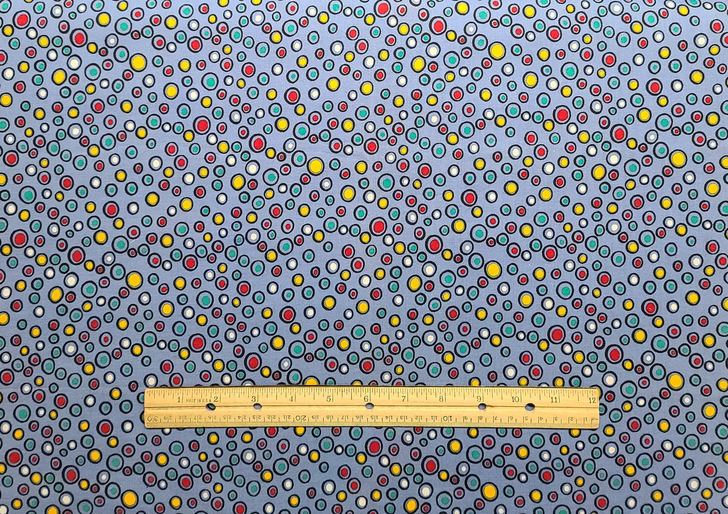 EOB - Prime Time by Pinnacle Fabrics Brewer Sewing Supplies - Medium Blue Fabric / Red, Green, Yellow Black Circle and Dot Print