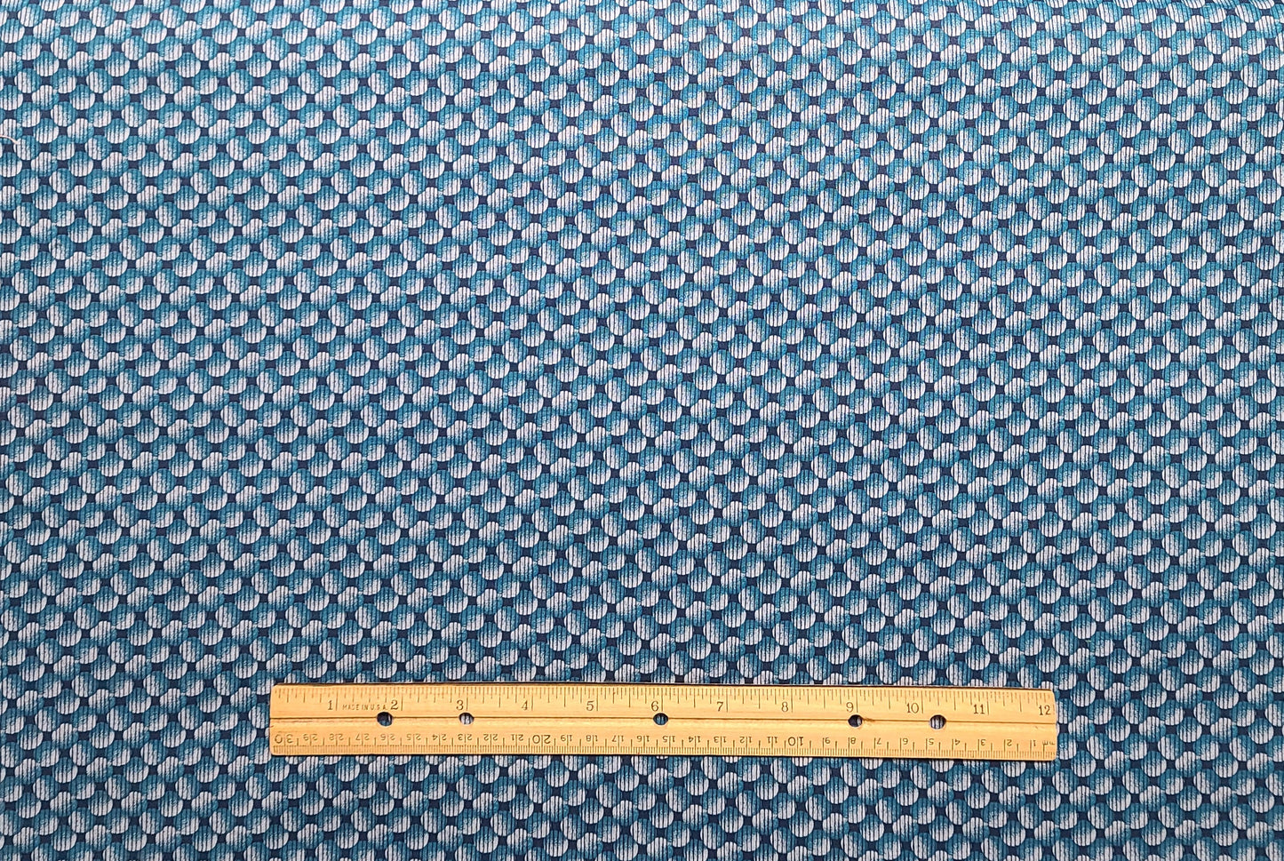 EOB - Cranston Printworks - Dark Blue Fabric / Bright Aqua, Gray Circle / Dark Blue Vertical Stripe (Parallel to Selvage) Fabric