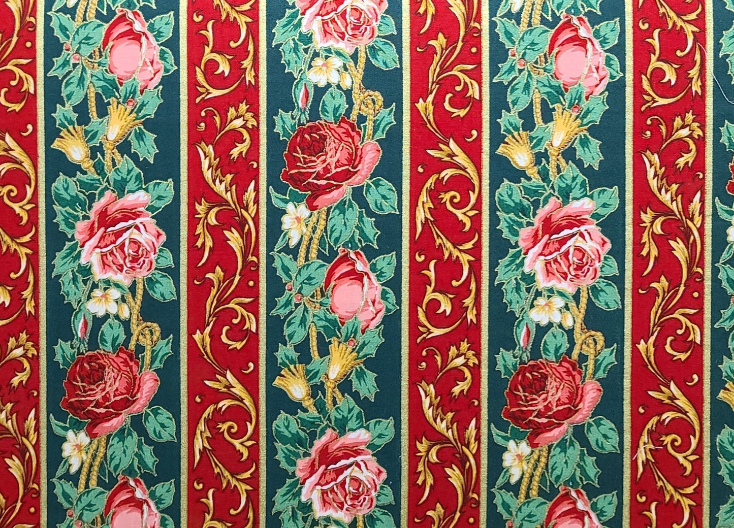 EOB - Vintage 39" WIDE Fabric - Red, Green, Gold Metallic Vertical Rose, Holly, Fillagree Stripe (Parallel to Selvage) Fabric