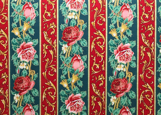 EOB - Vintage 39" WIDE Fabric - Red, Green, Gold Metallic Vertical Rose, Holly, Fillagree Stripe (Parallel to Selvage) Fabric