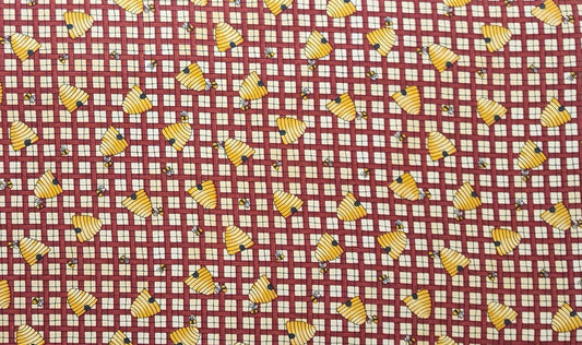 EOB - Mumms the Word by Debbie Mumm for SSI - Tan Tonal Fabric / Dark Red "Weave" Pattern / Gold Beehive and Bees Print