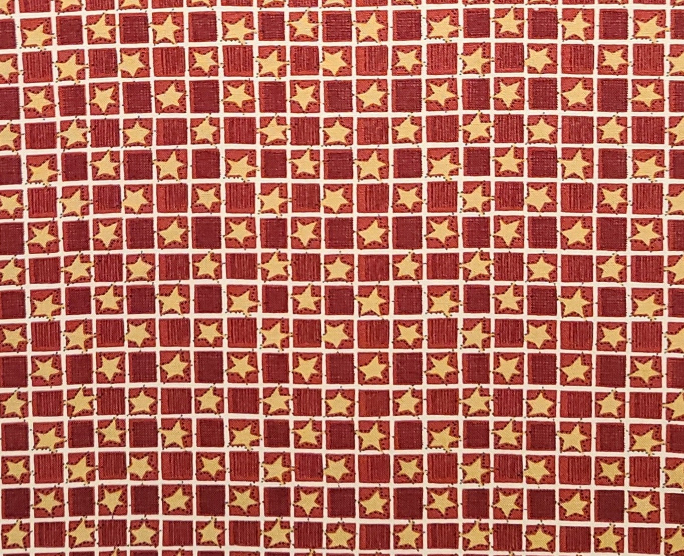 EOB - Dark Red Tonal Block Print Fabric / White "Sashing" / Gold Star Print