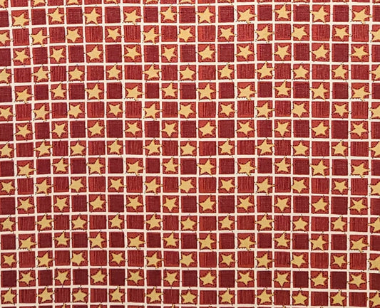 EOB - Dark Red Tonal Block Print Fabric / White "Sashing" / Gold Star Print